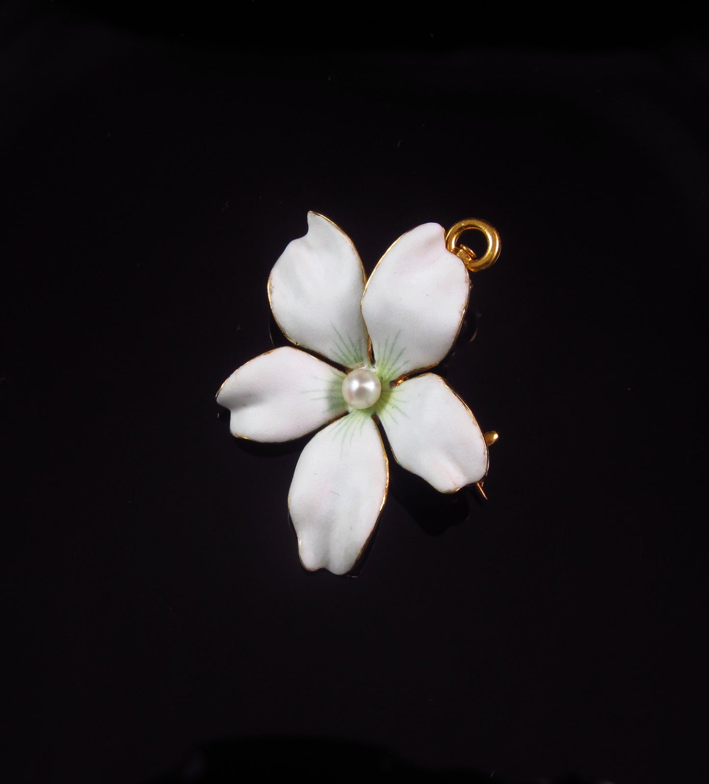 Antique Ladies 14K Gold Art Nouveau Enamel & Pearl Violet Flower Brooch Pendant