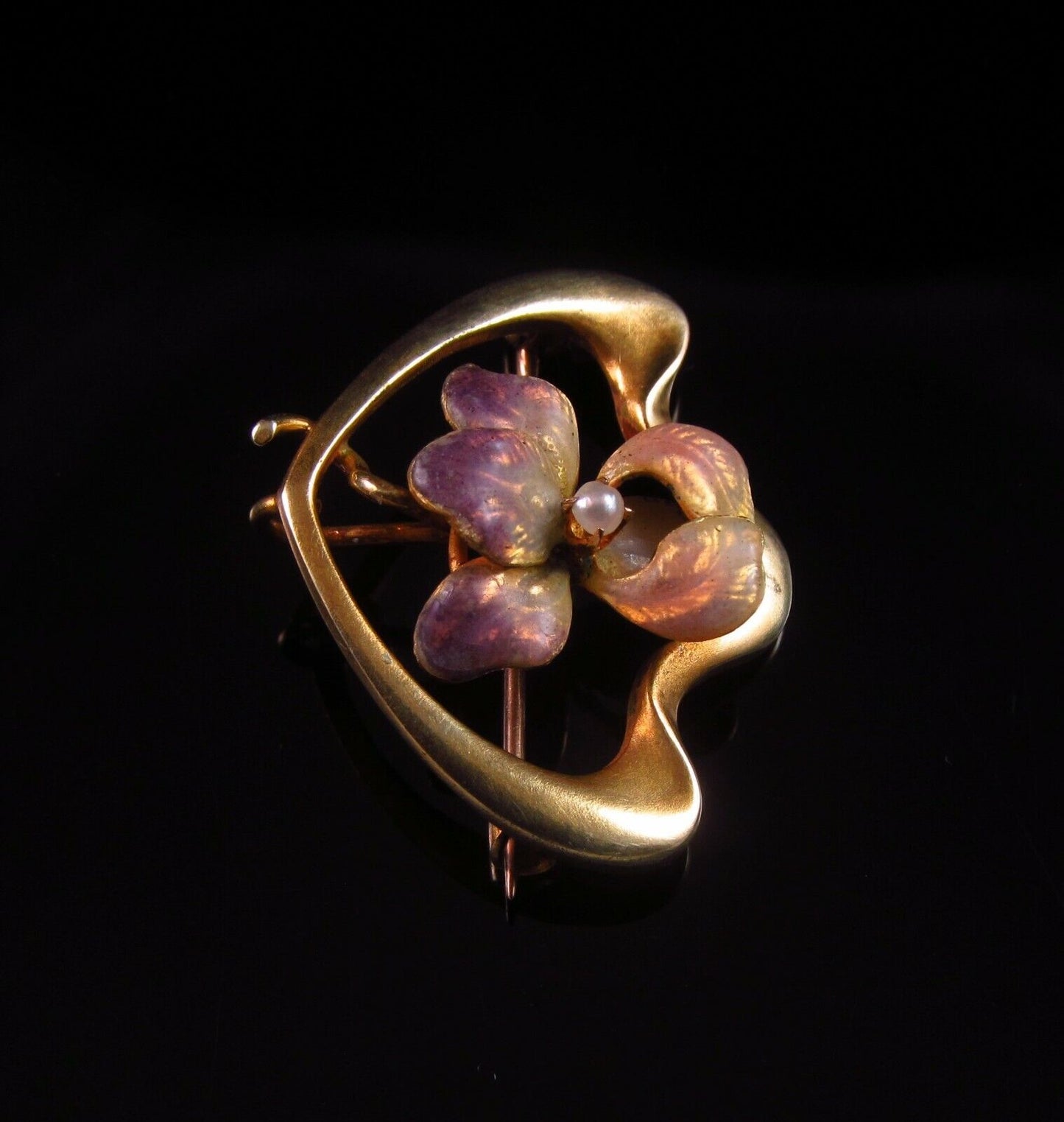 Antique 10k Gold Art Nouveau Enamel & Pearl Iris Flower Brooch Pin