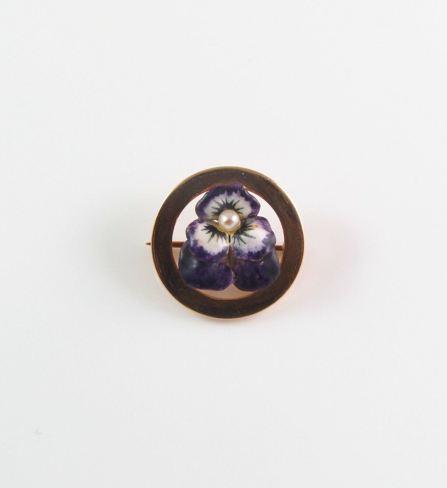 Petite 14k Gold Art Nouveau Krementz Enamel Pansy Pearl Circular Brooch Pin
