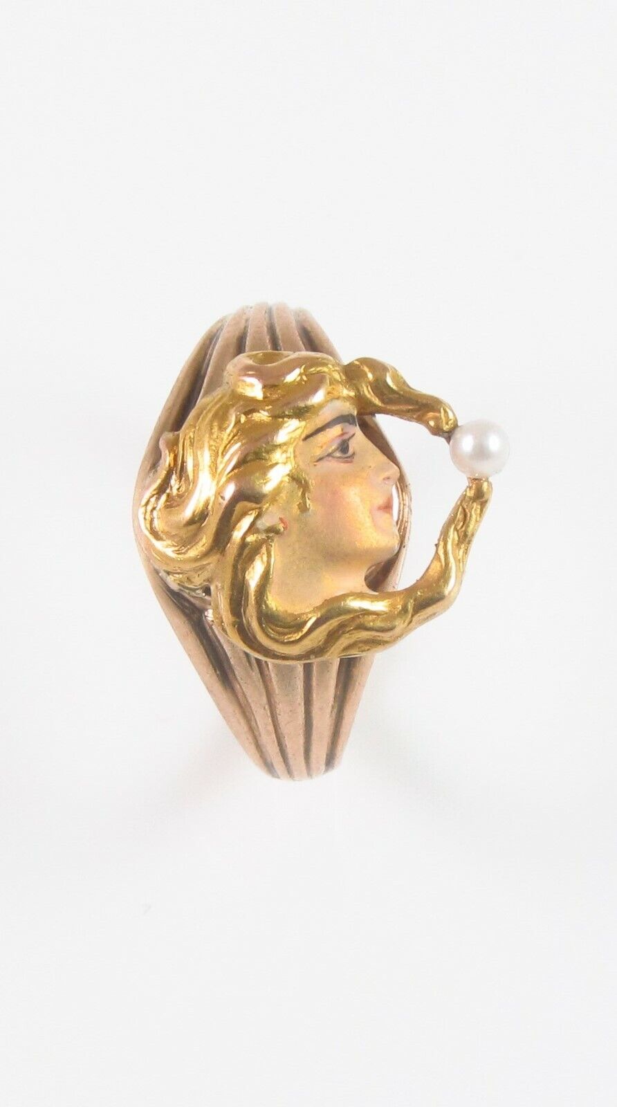 Antique 14k Gold Art Nouveau Enamel & Pearl Maiden Lady Conversion Ring Size 4.5
