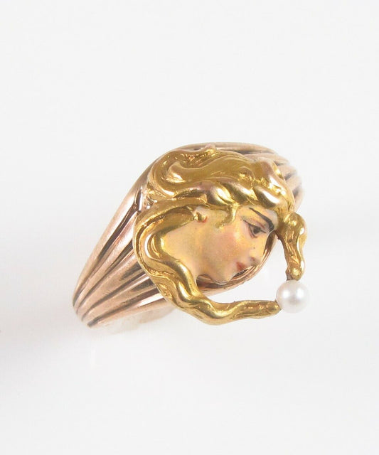 Antique 14k Gold Art Nouveau Enamel & Pearl Maiden Lady Conversion Ring Size 4.5