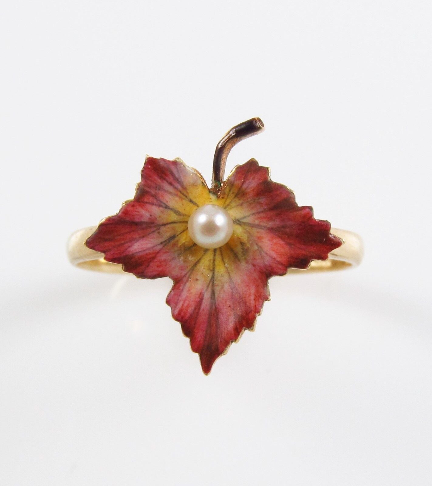 Antique 14k Gold Art Nouveau Victorian Enamel & Pearl Maple Leaf Ring Size 7