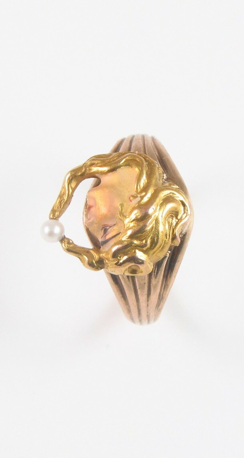 Antique 14k Gold Art Nouveau Enamel & Pearl Maiden Lady Conversion Ring Size 4.5