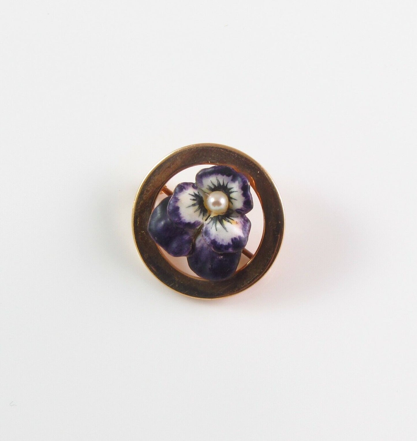 Petite 14k Gold Art Nouveau Krementz Enamel Pansy Pearl Circular Brooch Pin