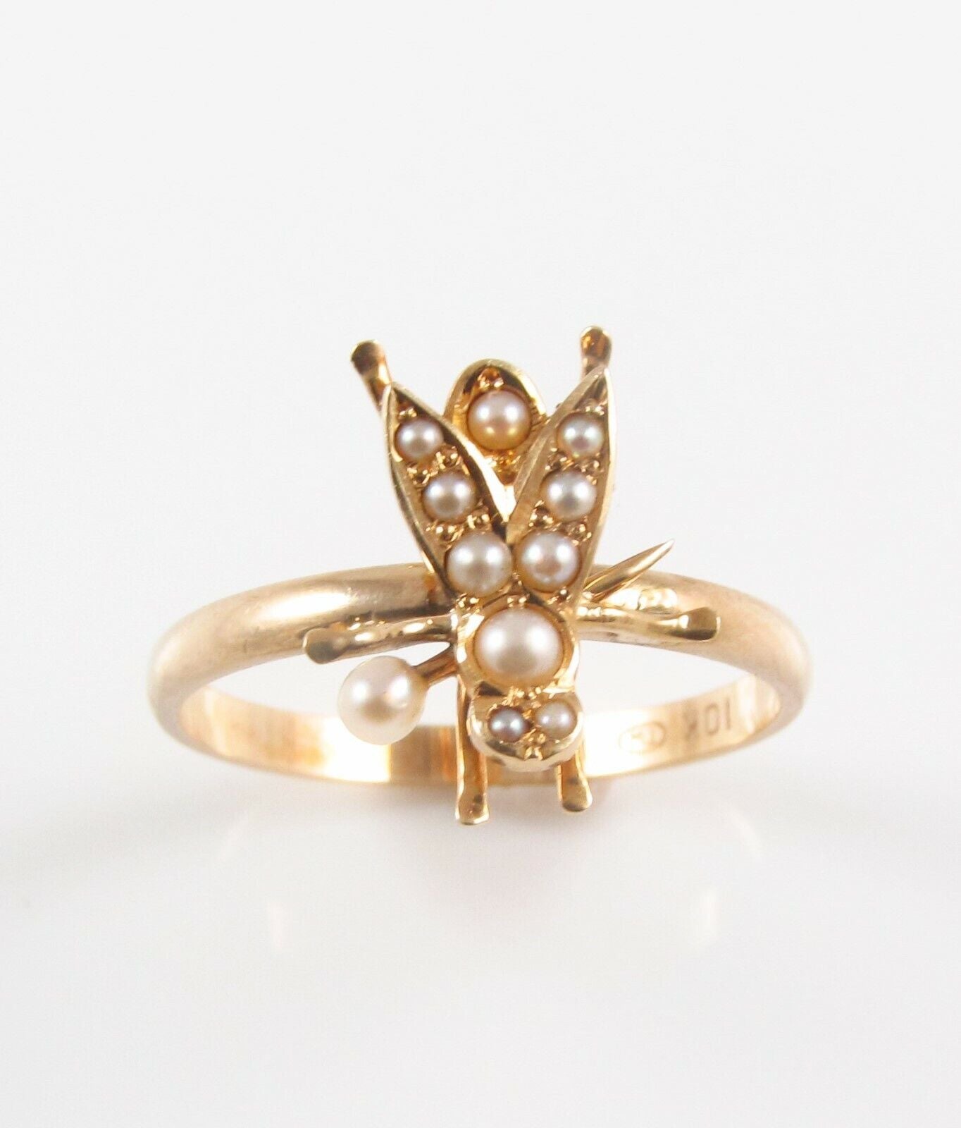 Antique 14K Gold Victorian Edwardian Pearl Fly Insect Conversion Ring Size 8