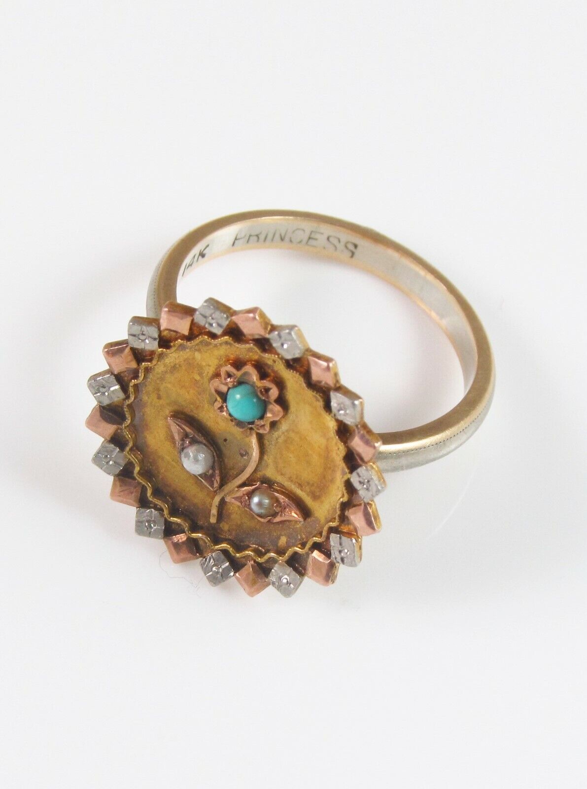 Antique 10K Gold Victorian Turquoise & Pearl Flower Conversion Ring Size 5.75