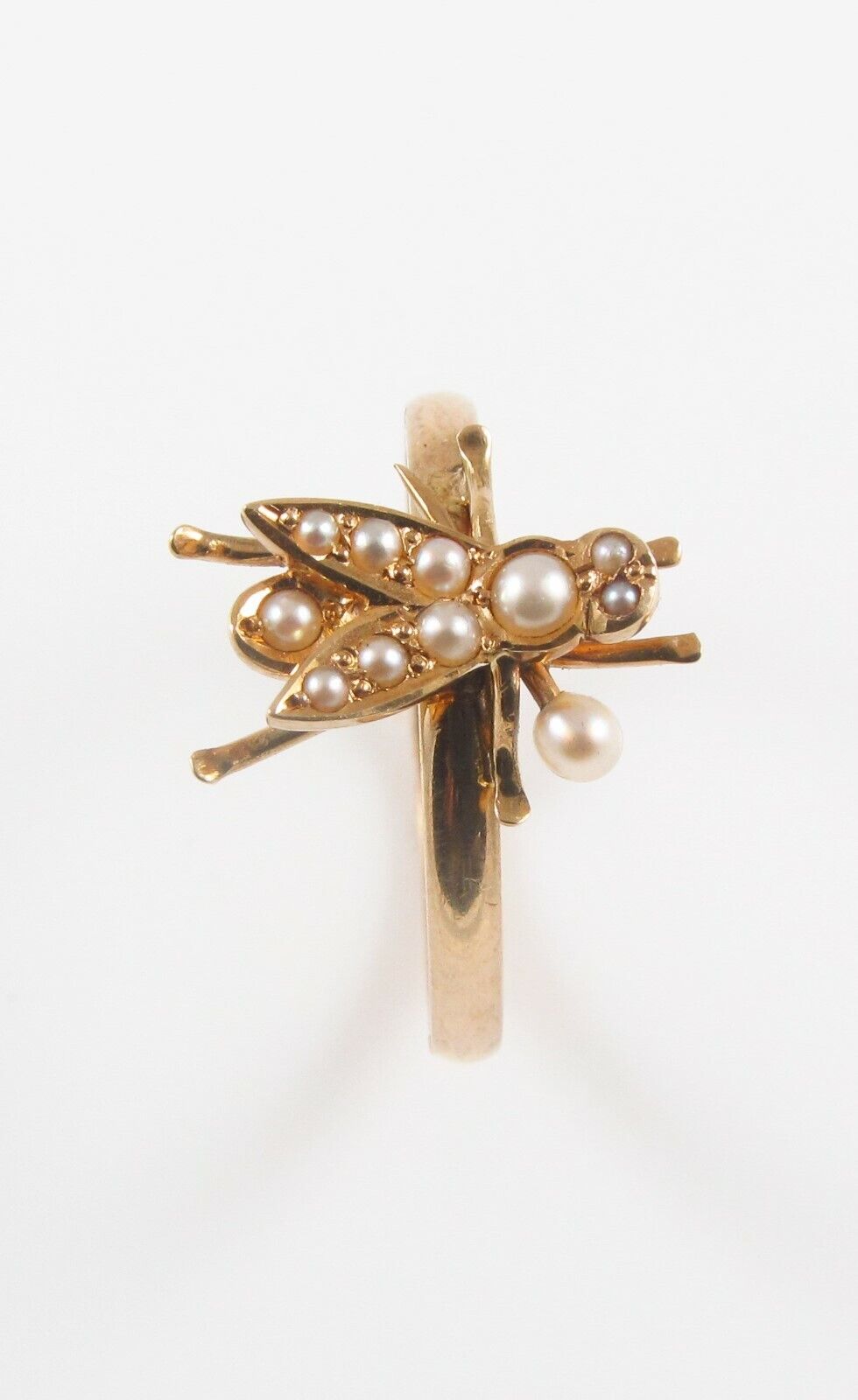 Antique 14K Gold Victorian Edwardian Pearl Fly Insect Conversion Ring Size 8