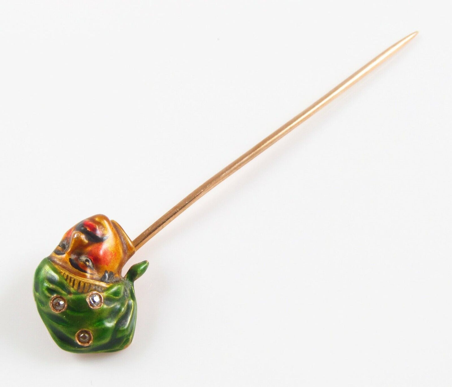 Antique 14k Gold Art Nouveau Polychrome Enamel & Diamond Pirate Stick Pin