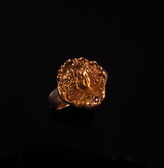 Antique 14k Gold Art Nouveau Mermaid Lady Ruby Conversion Ring Size 5.75