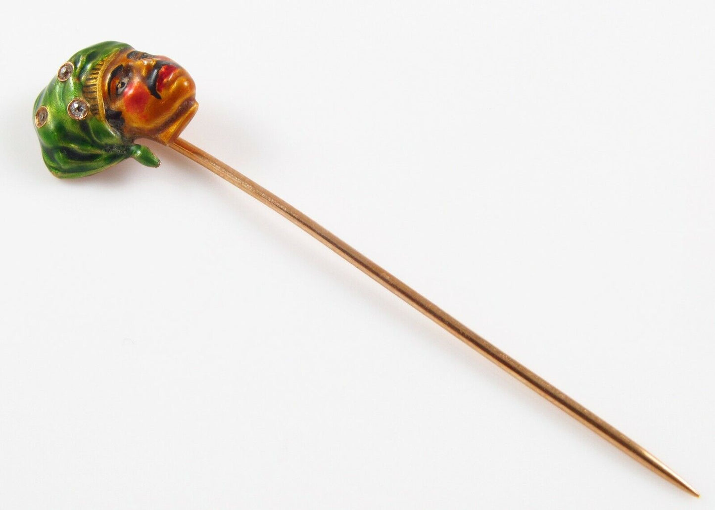 Antique 14k Gold Art Nouveau Polychrome Enamel & Diamond Pirate Stick Pin