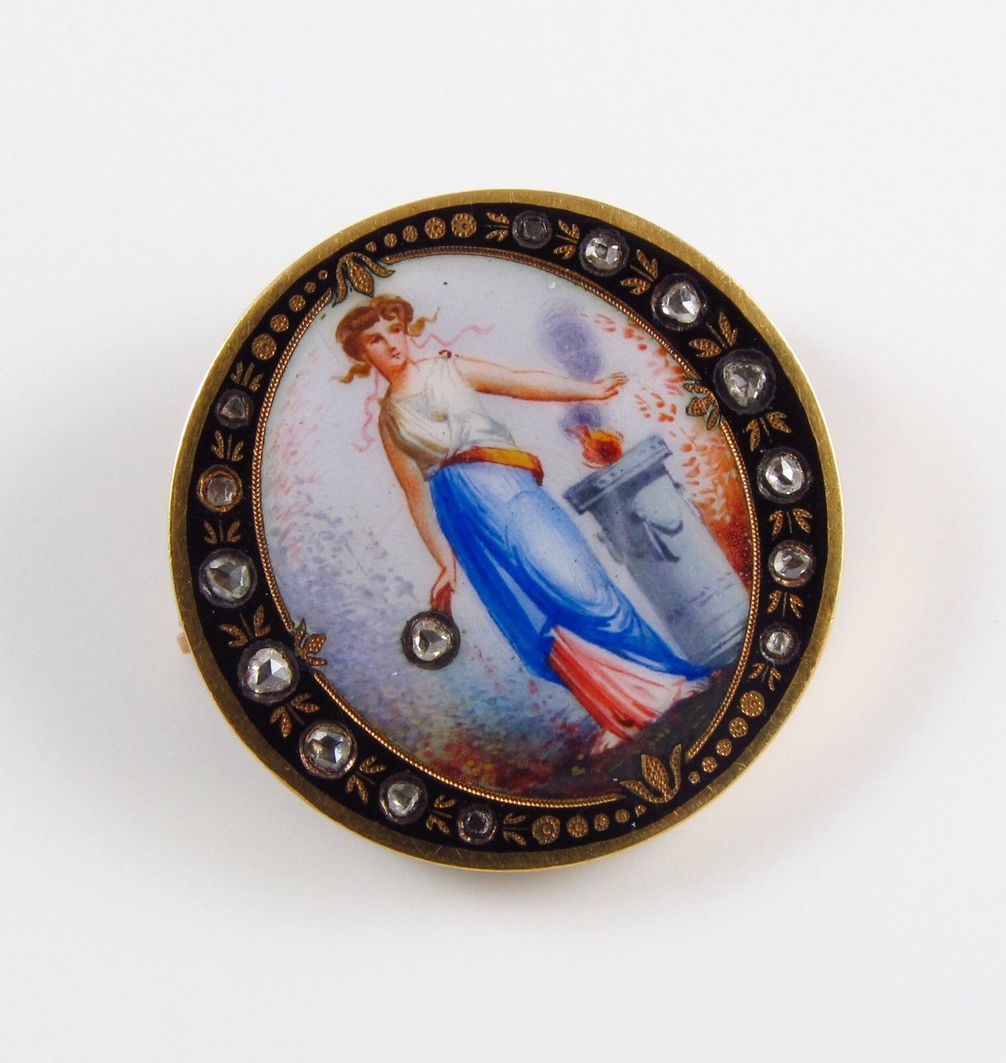 14K Gold Victorian Swiss Enamel Lady Portrait Rose Cut Diamond Set Brooch Pin