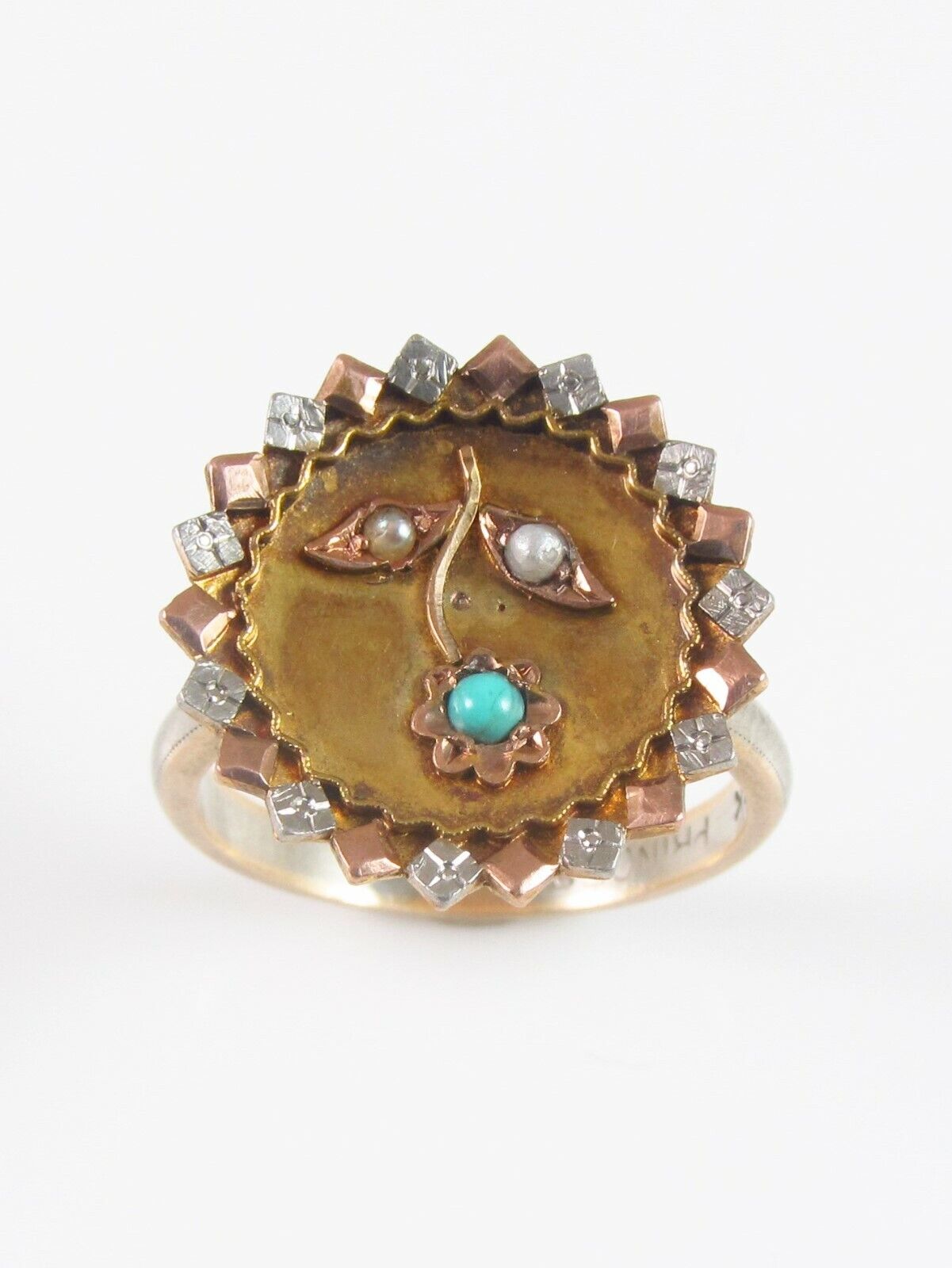 Antique 10K Gold Victorian Turquoise & Pearl Flower Conversion Ring Size 5.75