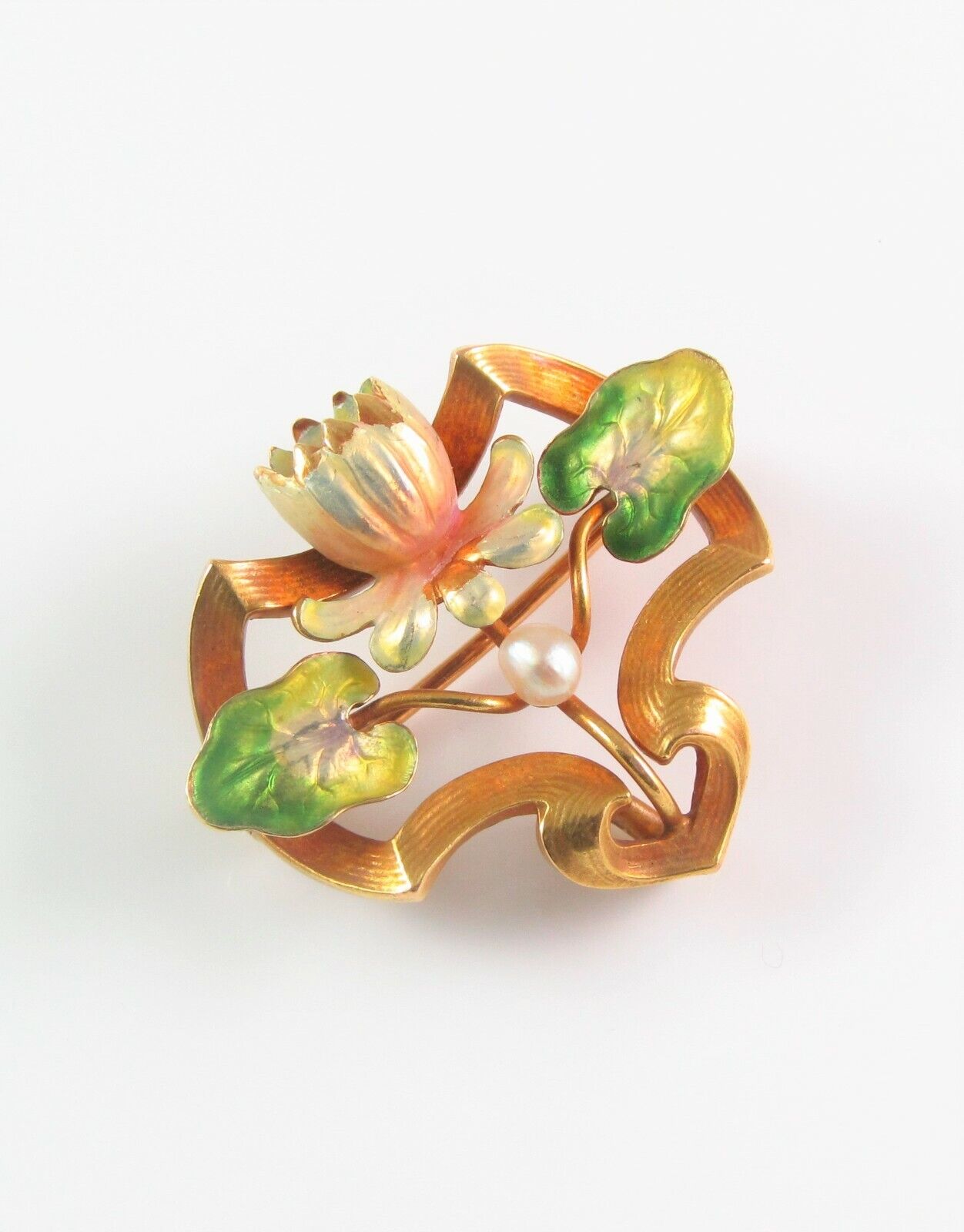 Antique 14k Gold Art Nouveau Whiteside & Blank Enamel Water Lily Brooch Pin