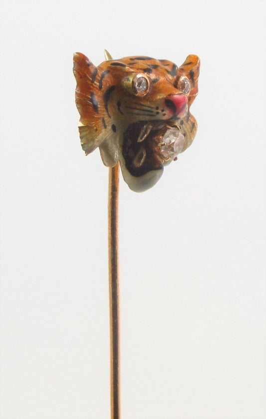 Antique 14k Gold Art Nouveau Diamond and Enamel Tiger Cat Stick Pin