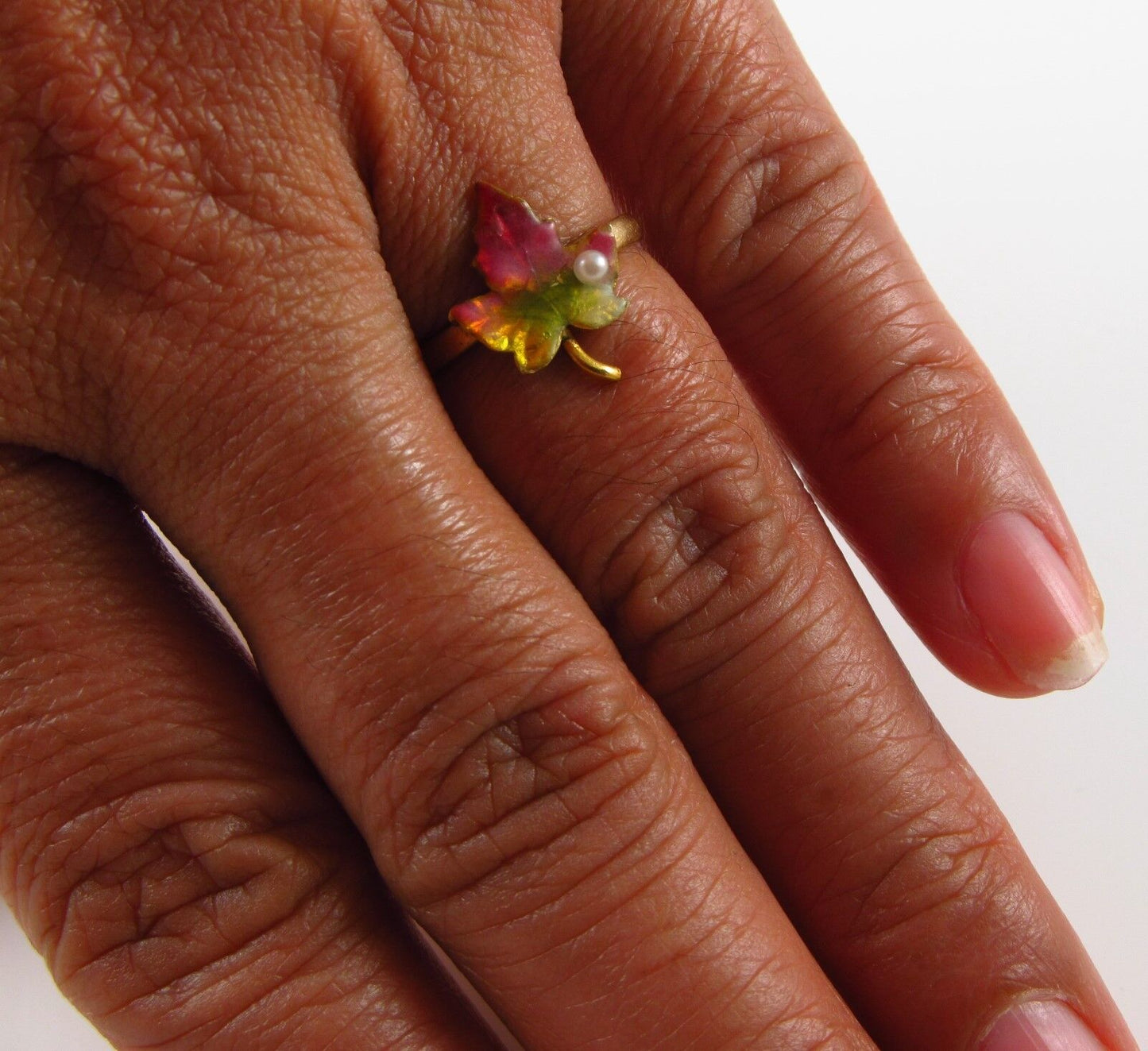 Antique 14k Gold Art Nouveau Victorian Enamel & Pearl Maple Leaf Ring Size 4.5