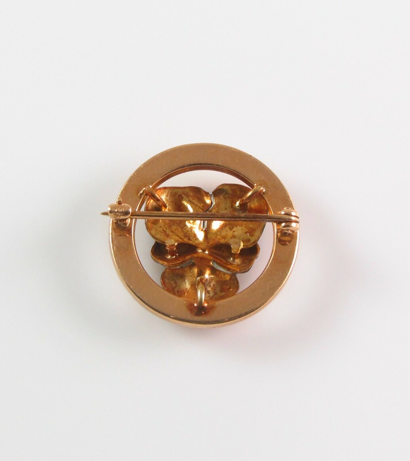 Petite 14k Gold Art Nouveau Krementz Enamel Pansy Pearl Circular Brooch Pin