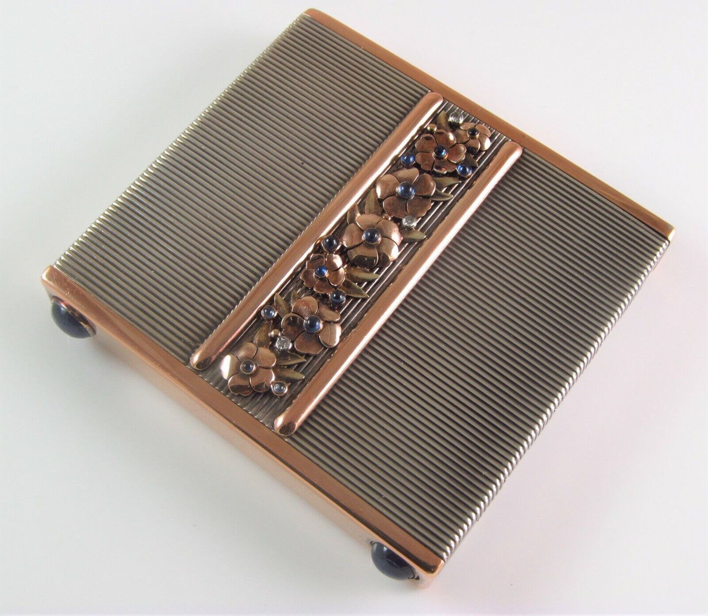 French Art Deco 18K Gold & Silver Sapphire & Diamond Floral Compact By Ostertag