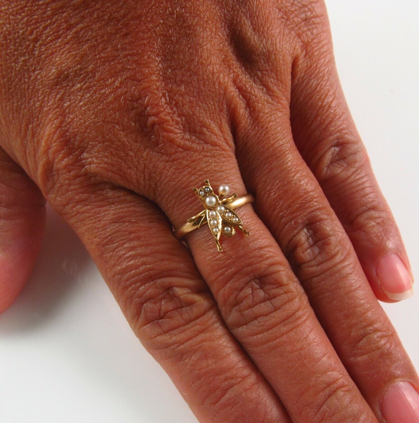 Antique 14K Gold Victorian Edwardian Pearl Fly Insect Conversion Ring Size 8
