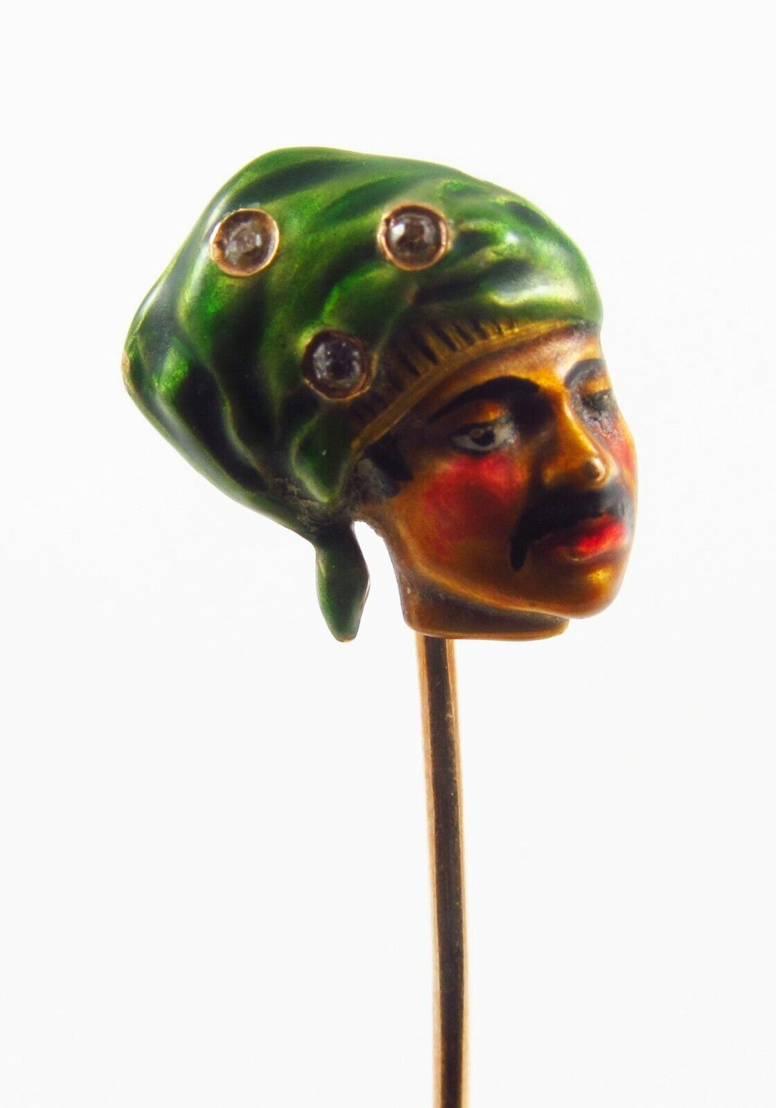 Antique 14k Gold Art Nouveau Polychrome Enamel & Diamond Pirate Stick Pin