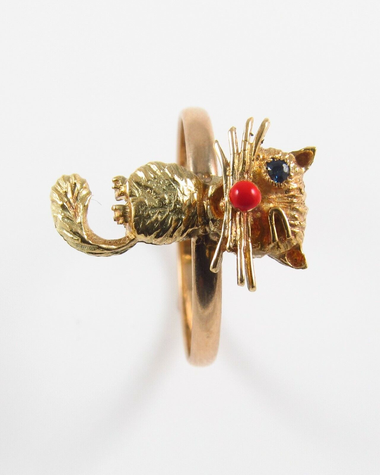 Vintage 14k Yellow Gold Sapphire Eyed & Winking Cat Conversion Ring Size 8.75