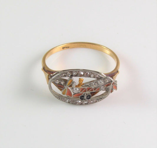 Antique 18k Gold & Platinum Art Deco Enamel Diamond Airplane Ring Size 7.75