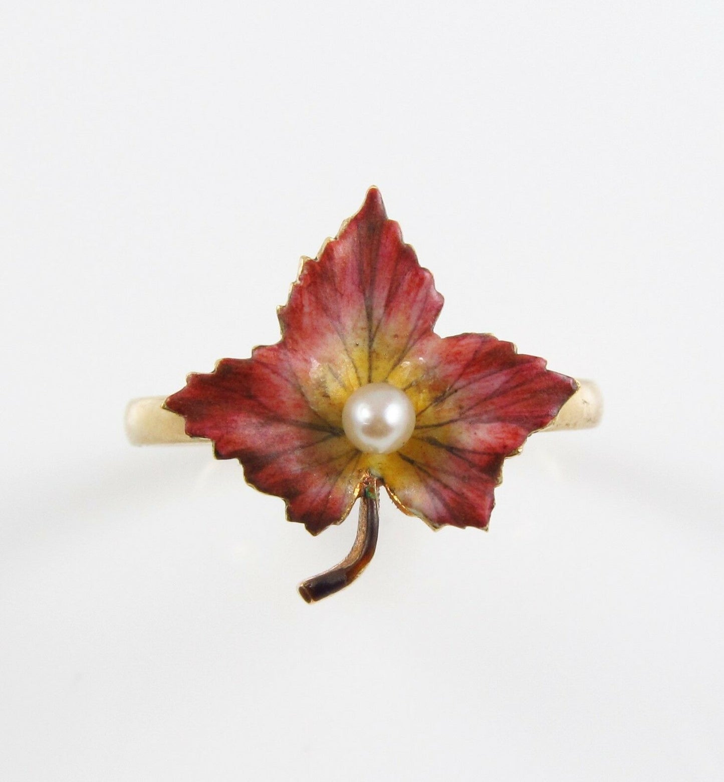 Antique 14k Gold Art Nouveau Victorian Enamel & Pearl Maple Leaf Ring Size 7