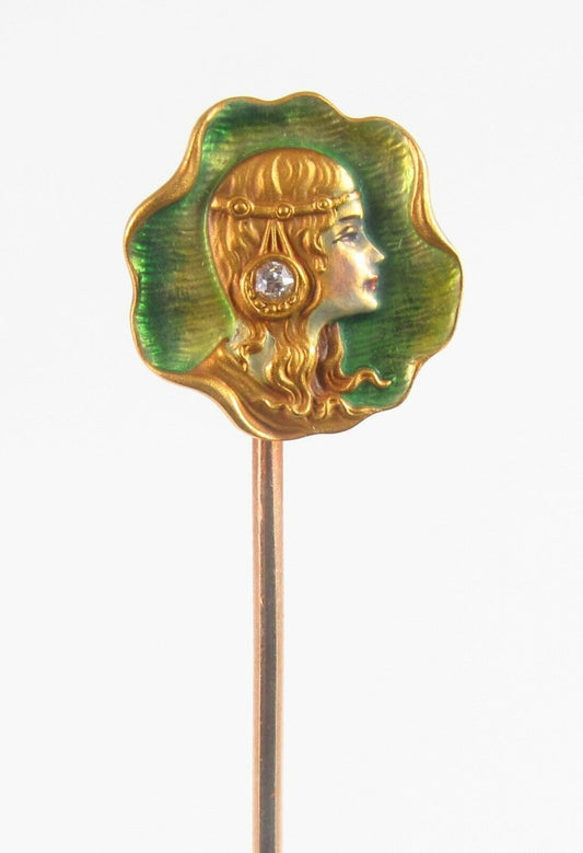 Antique 18k Gold Whiteside & Blank Enamel & Diamond Art Nouveau Lady Stick Pin