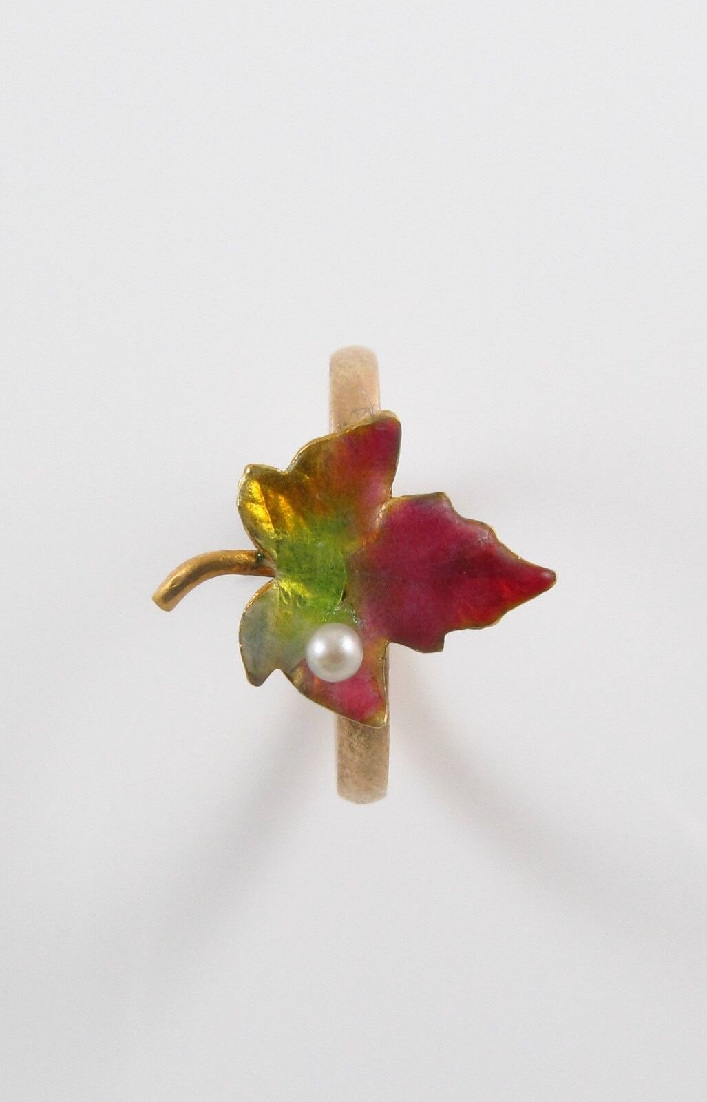 Antique 14k Gold Art Nouveau Victorian Enamel & Pearl Maple Leaf Ring Size 4.5