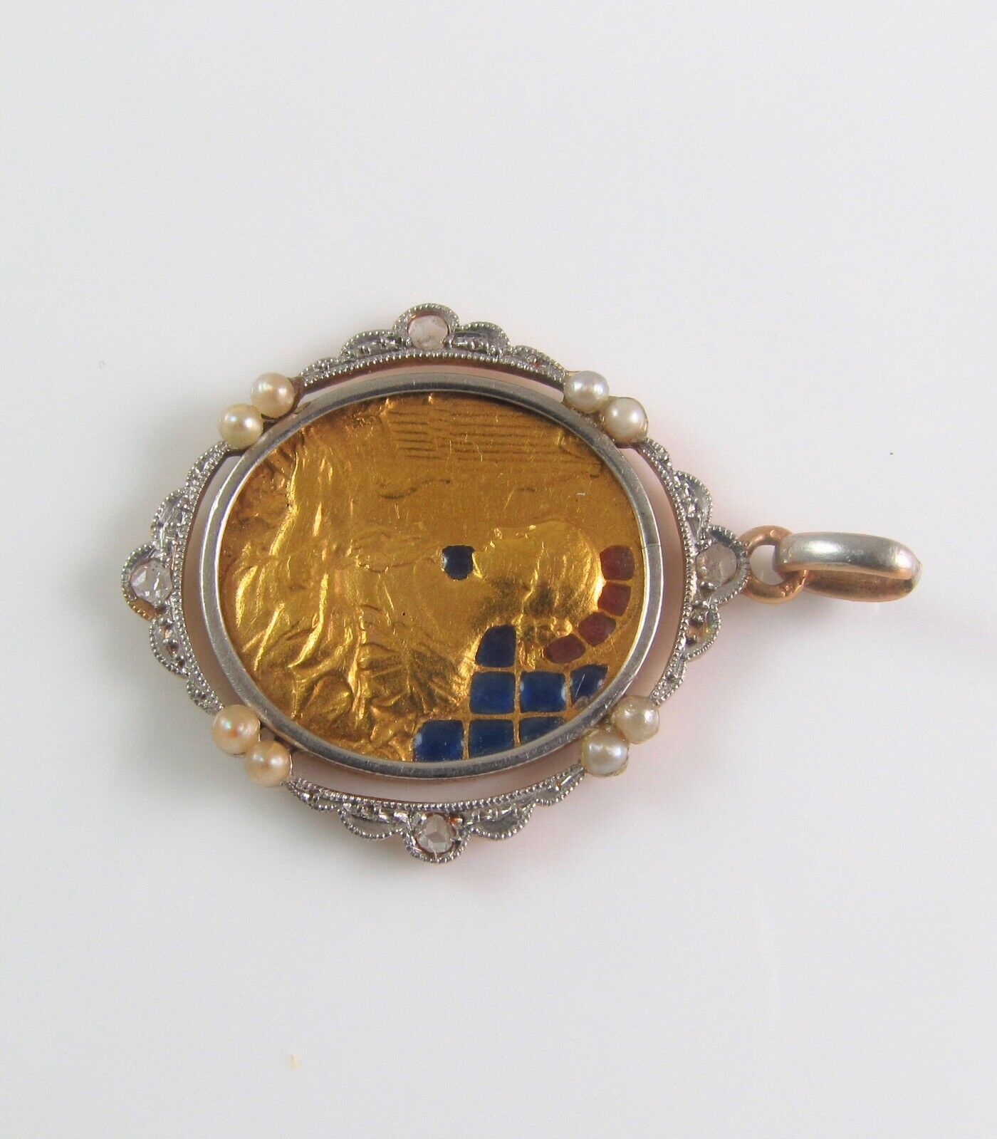 Antique 18K Gold Platinum Plique A Jour Enamel Diamond Pearl St. Cecilia Pendant