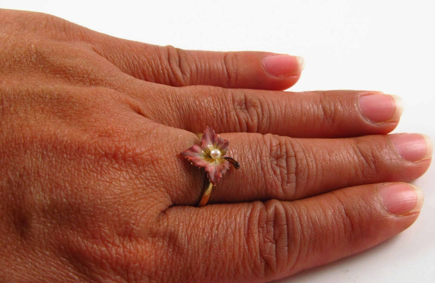 Antique 14k Gold Art Nouveau Victorian Enamel & Pearl Maple Leaf Ring Size 7