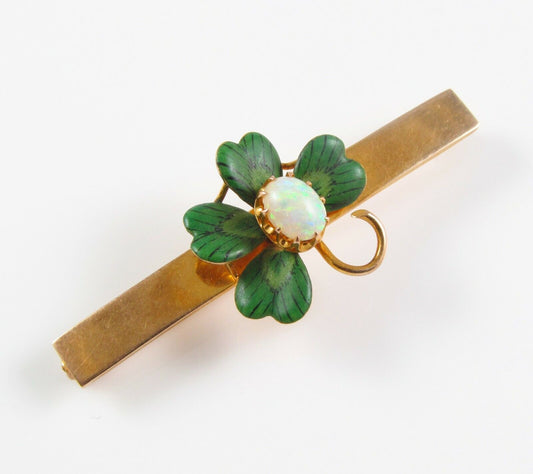 Antique 10k Gold Art Nouveau Edwardian Enamel & Opal Four Leaf Clover Brooch Pin