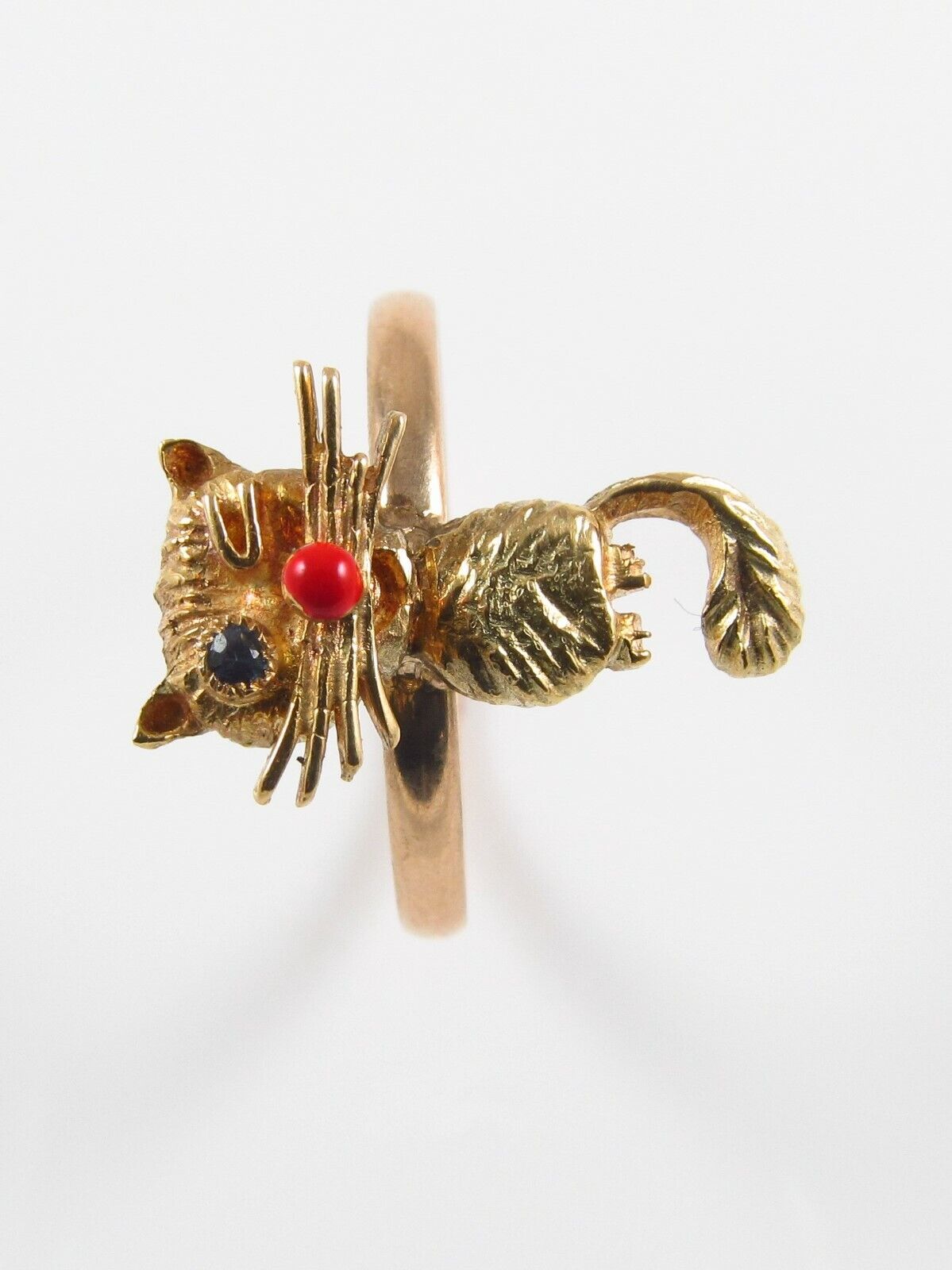Vintage 14k Yellow Gold Sapphire Eyed & Winking Cat Conversion Ring Size 8.75