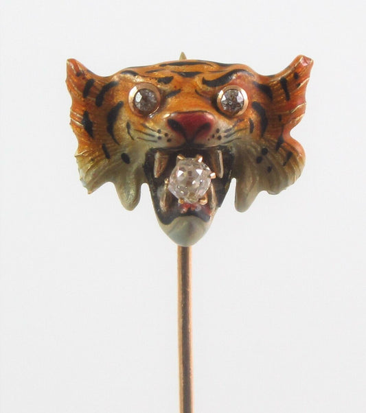 Antique 14k Gold Art Nouveau Diamond and Enamel Tiger Cat Stick Pin