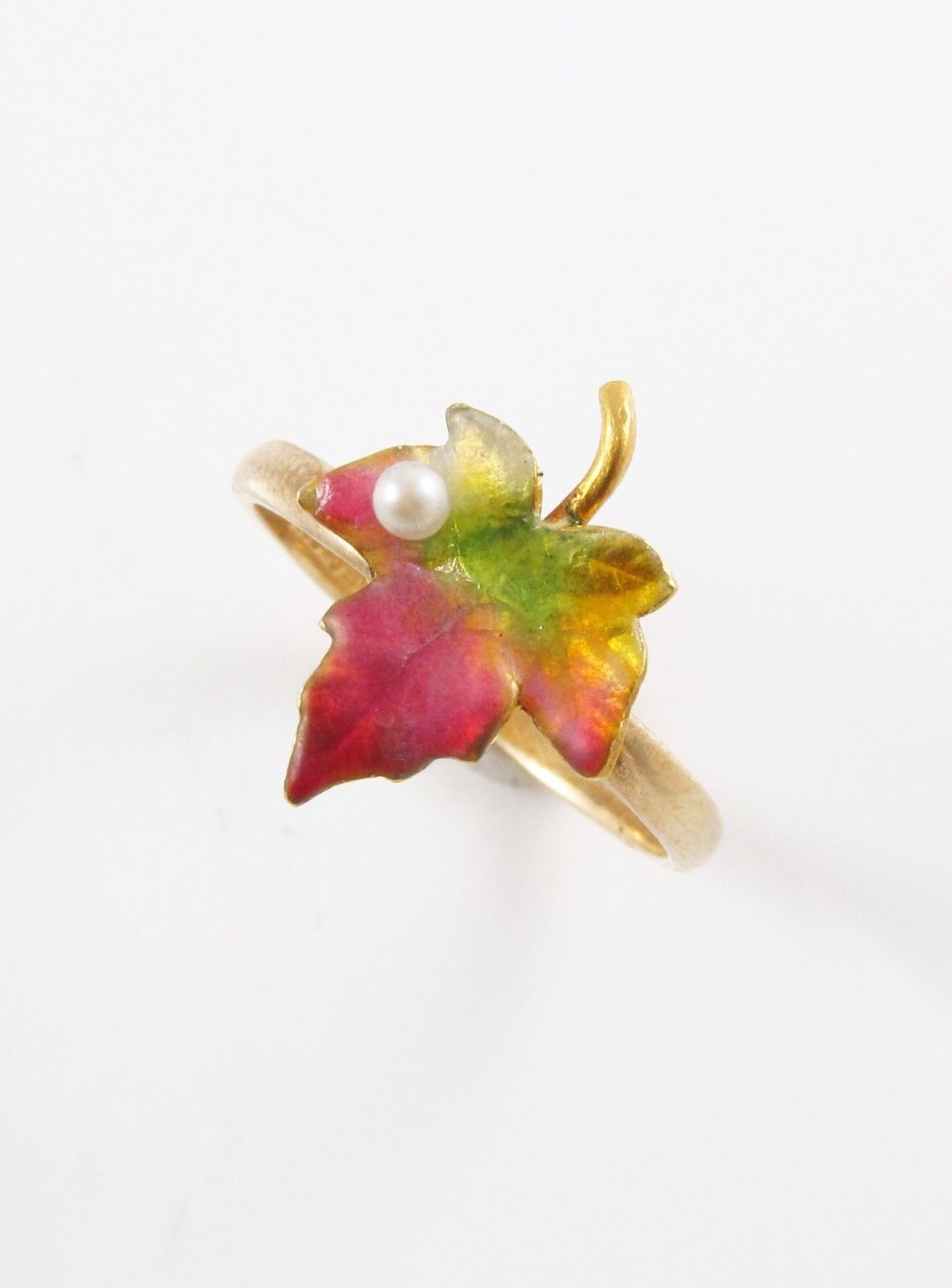 Antique 14k Gold Art Nouveau Victorian Enamel & Pearl Maple Leaf Ring Size 4.5