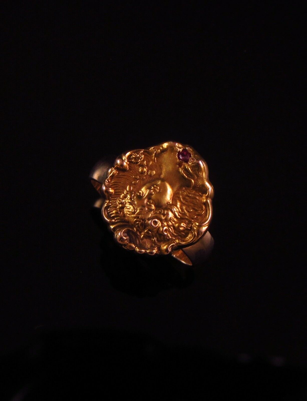 Antique 14k Gold Art Nouveau Mermaid Lady Ruby Conversion Ring Size 5.75