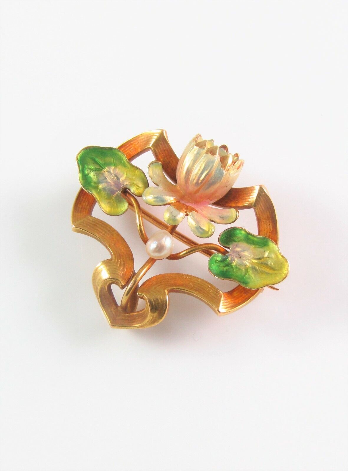 Antique 14k Gold Art Nouveau Whiteside & Blank Enamel Water Lily Brooch Pin