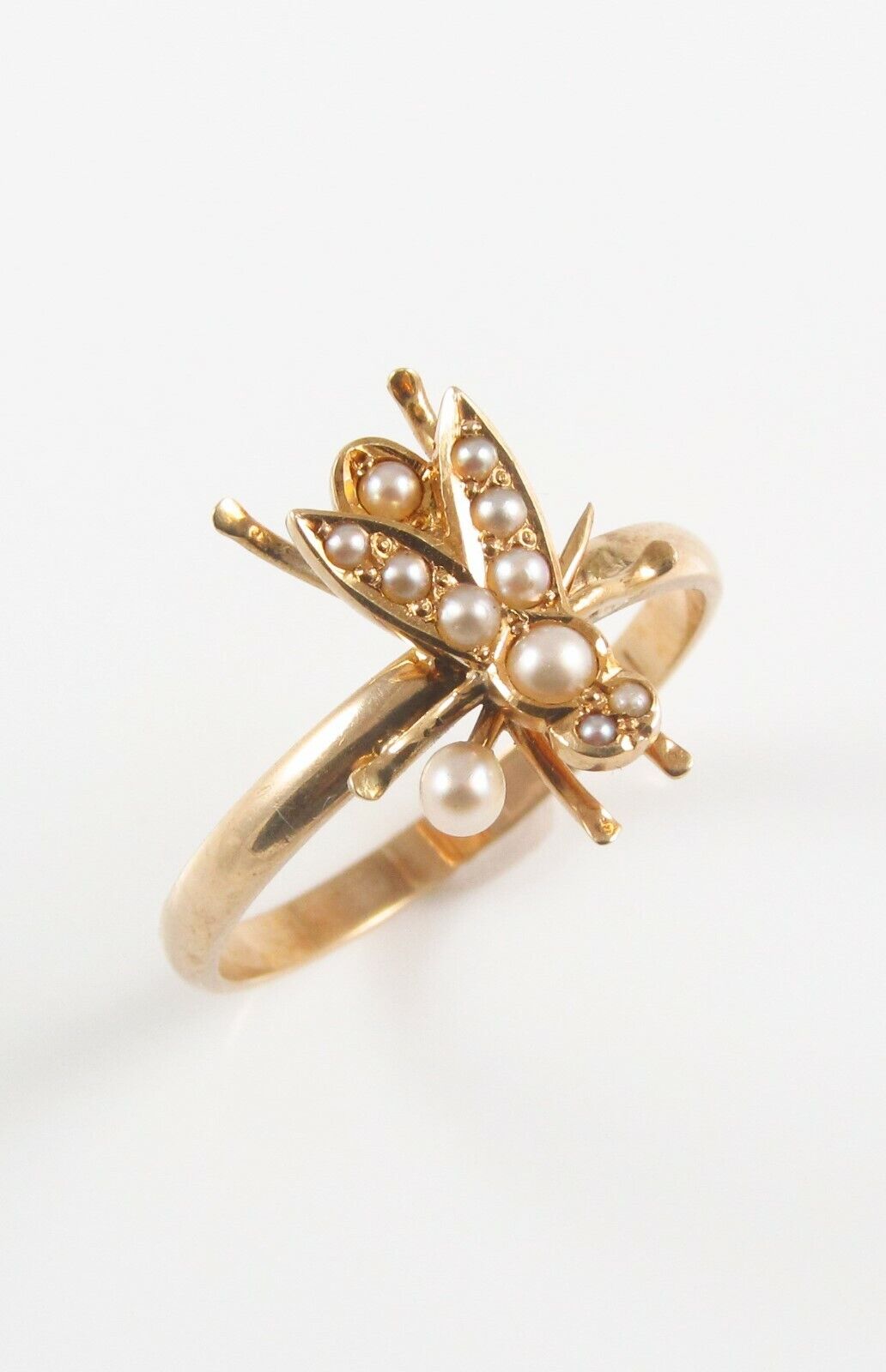 Antique 14K Gold Victorian Edwardian Pearl Fly Insect Conversion Ring Size 8