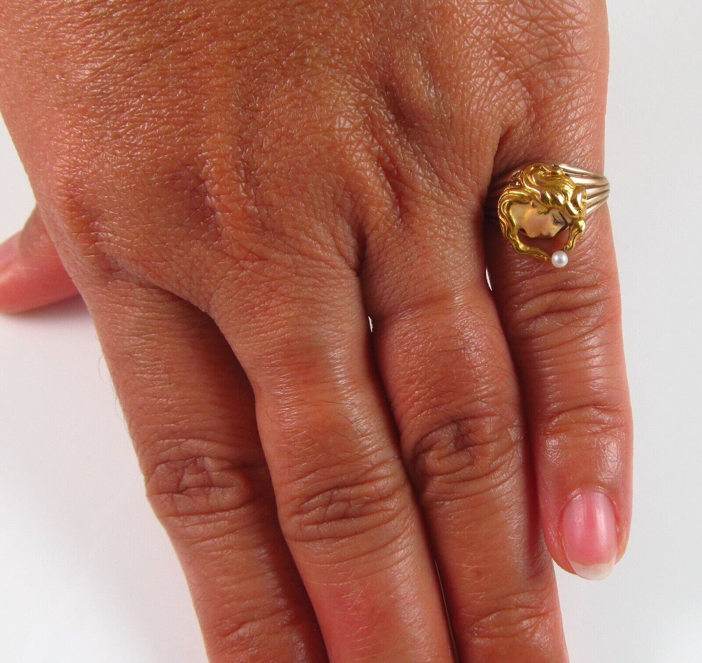 Antique 14k Gold Art Nouveau Enamel & Pearl Maiden Lady Conversion Ring Size 4.5