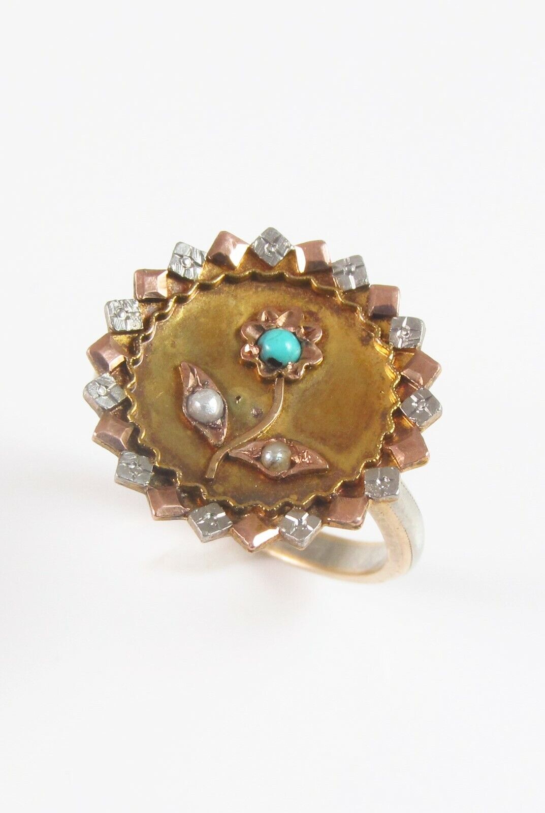 Antique 10K Gold Victorian Turquoise & Pearl Flower Conversion Ring Size 5.75