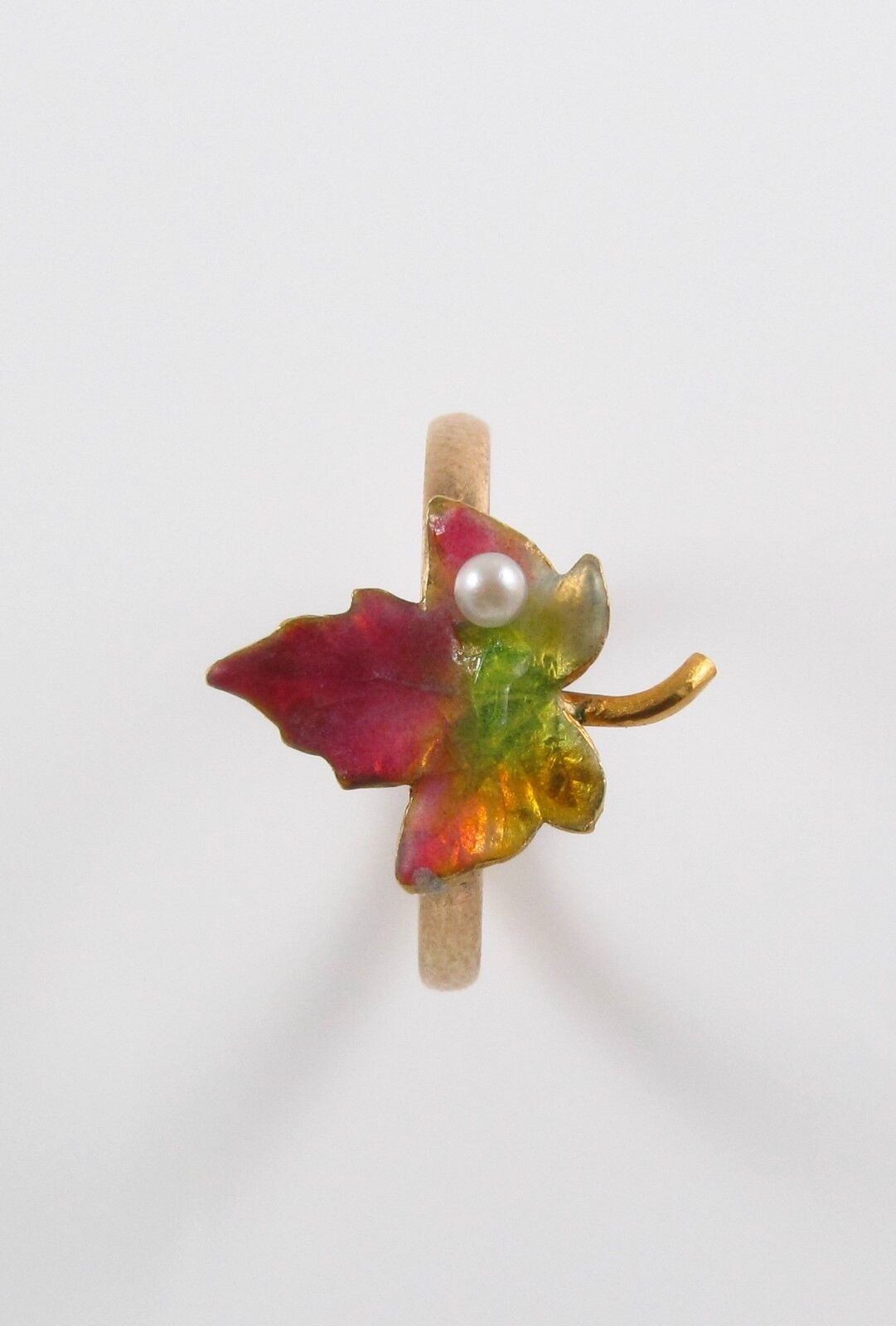 Antique 14k Gold Art Nouveau Victorian Enamel & Pearl Maple Leaf Ring Size 4.5