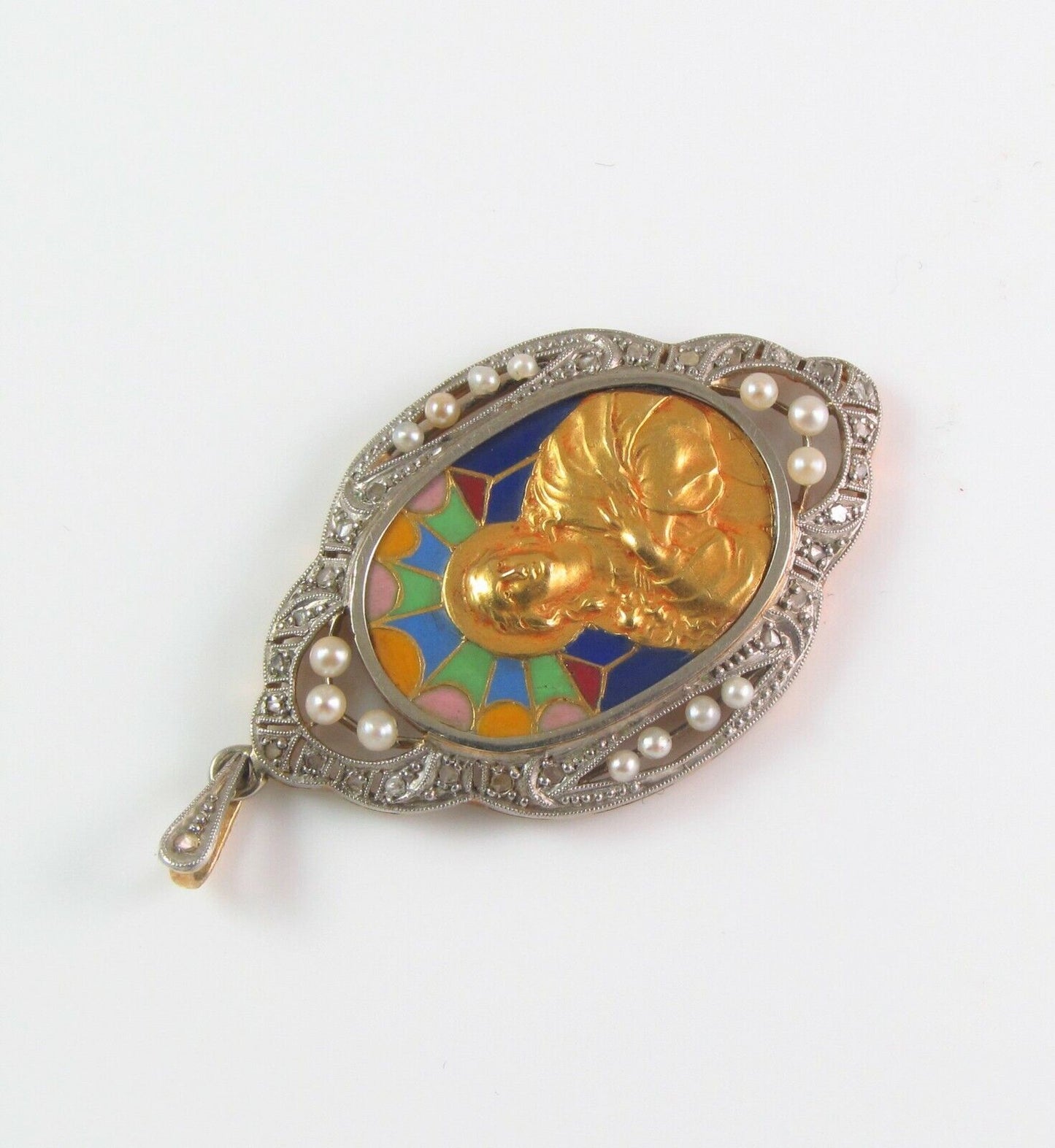 Antique 18K Gold & Platinum Enamel Diamond & Pearl Religious Virgin Mary Pendant