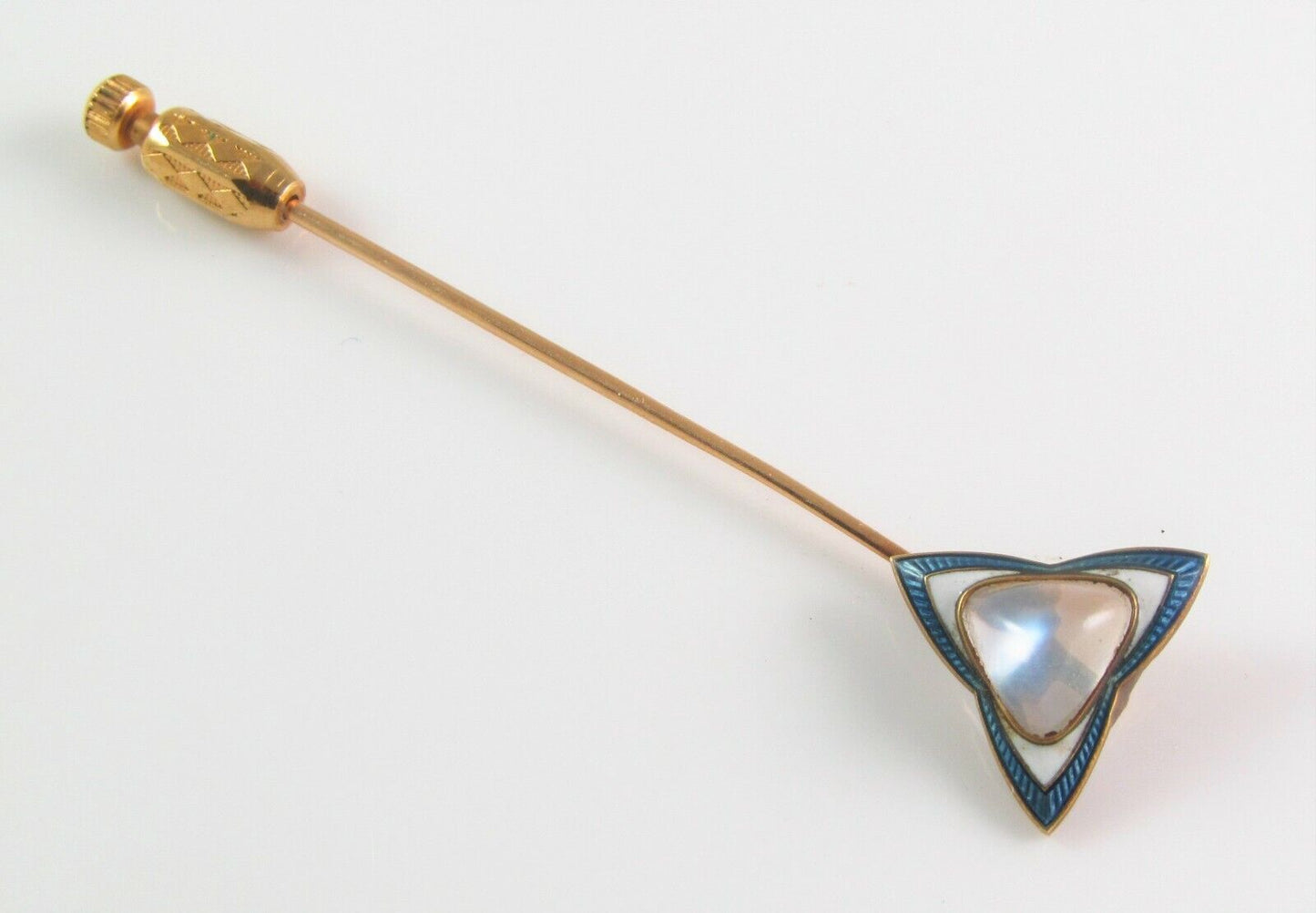 Antique 14k Gold Whiteside & Blank Guilloche Enamel Moonstone Stick Pin
