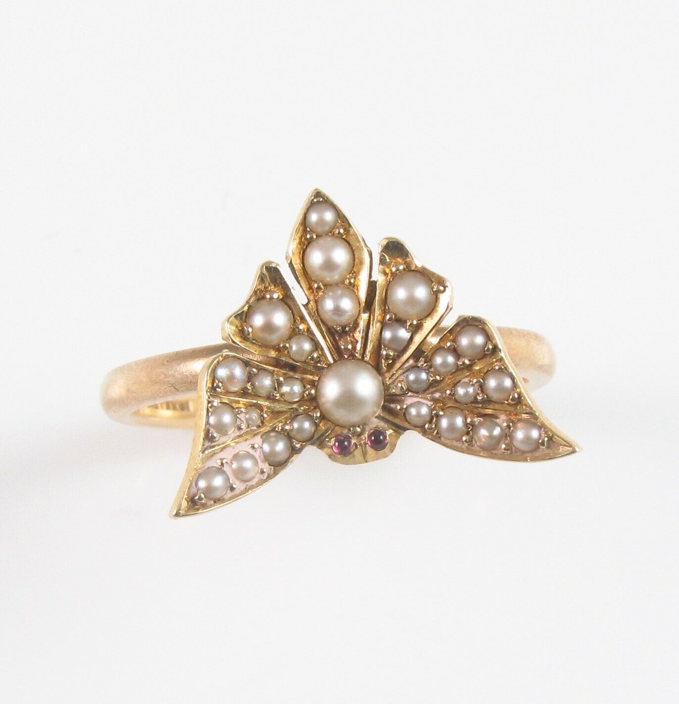 Antique 14k Gold Victorian Ruby Eyed Butterfly Pearl Conversion Ring Size 6.25