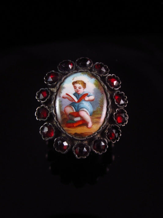 Antique Victorian Silver Bohemian Garnet & Porcelain Child Portrait Ring Size 6