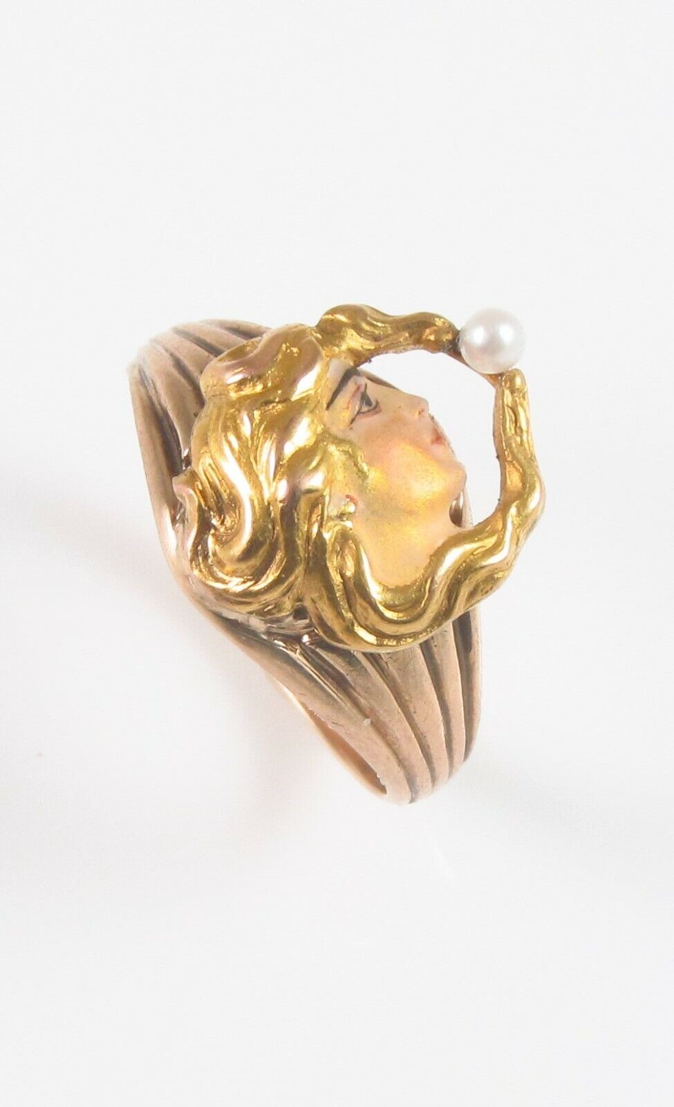 Antique 14k Gold Art Nouveau Enamel & Pearl Maiden Lady Conversion Ring Size 4.5