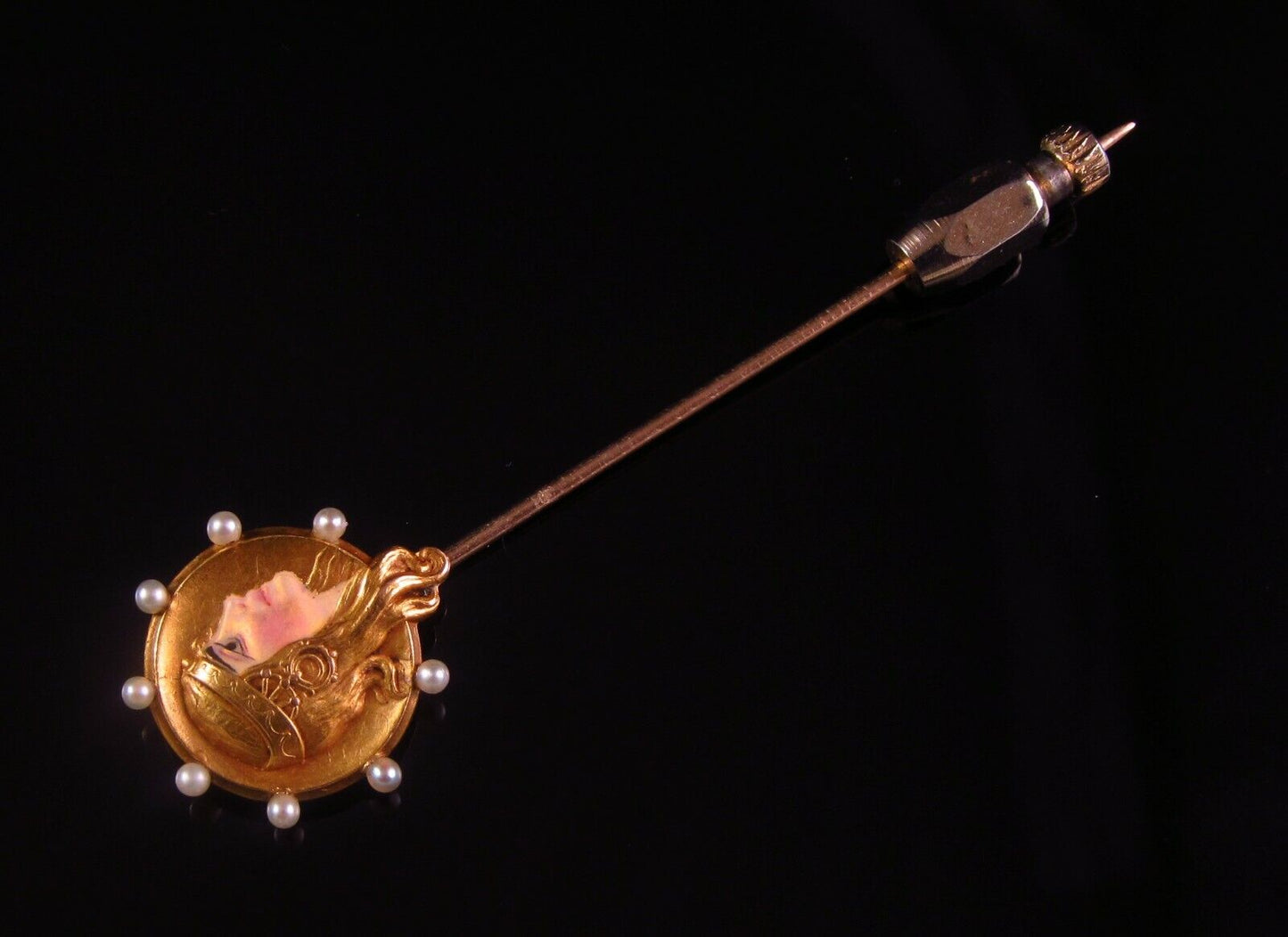 Antique Art Nouveau 14K Yellow Gold Pearl Enamel Byzantine Lady Stick Pin