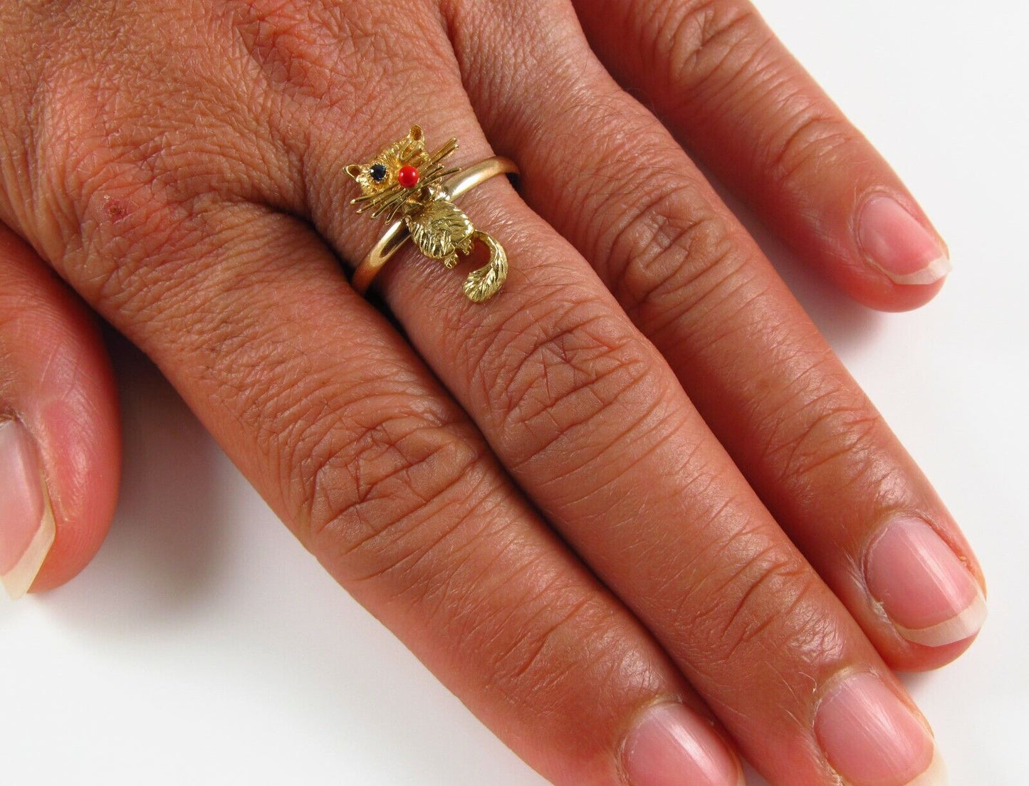 Vintage 14k Yellow Gold Sapphire Eyed & Winking Cat Conversion Ring Size 8.75