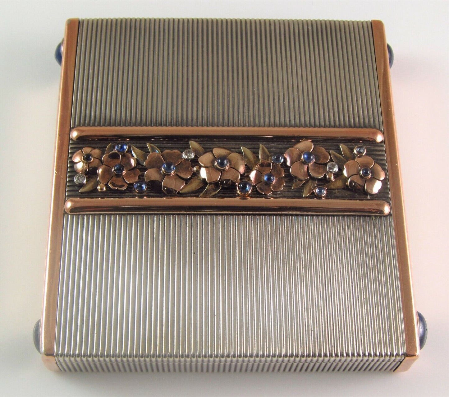 French Art Deco 18K Gold & Silver Sapphire & Diamond Floral Compact By Ostertag