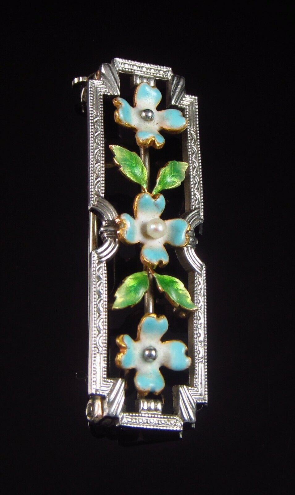 Antique Edwardian 14k Gold & Platinum Krementz Enamel Pearl Flower Brooch Pin