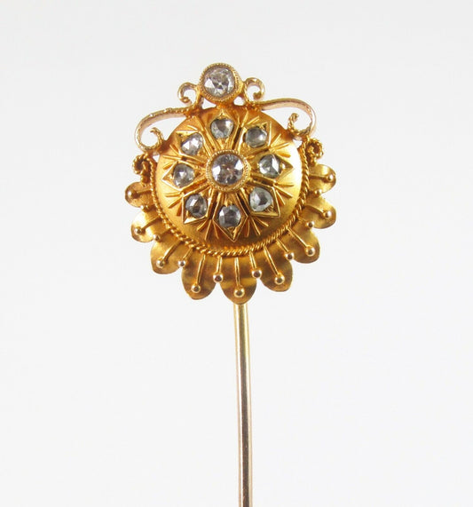 Antique Victorian 18k & 14k Gold & Diamond Etruscan Revival Stick Pin Circa 1870